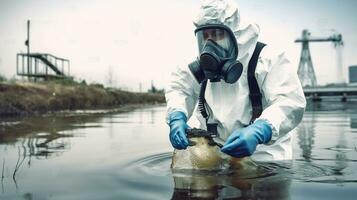 personal vistiendo blanco químico protector máscara y radioactivo protector traje cheque agua calidad desde químico plantas o fábrica en río, generativo ai foto
