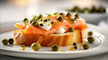 A piece of bread topped with salmon and capers on top of a white plate with olives on top of it, Generative AI photo