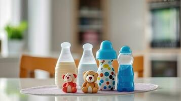 Cuddles and Sips, Baby Milk Bottles and Toys Create a Sweet Atmosphere in the Kitchen. Generative AI photo