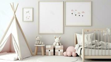 White wall with an empty vertical picture frame in a contemporary kids' room. Bed and toys cozy space for children. Generative AI photo