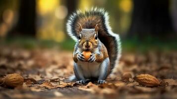 A squirrel is holding a nut in its mouth while standing on its hind legs on the ground in front of a tree and leaves on the ground, Generative AI photo