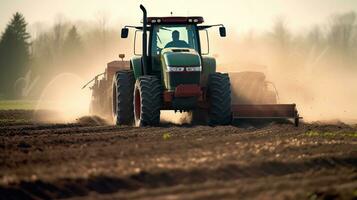 A farmer in a tractor prepares the ground. Agronomy farming and husbandry idea for a cultivated field. Generative AI photo