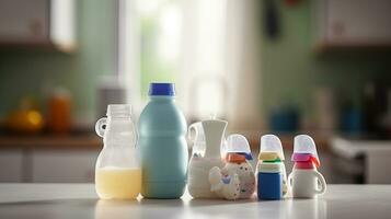 Joyful Nurturing, A Wholesome Display of Baby Milk Bottles and Toys in the Kitchen. Generative AI photo