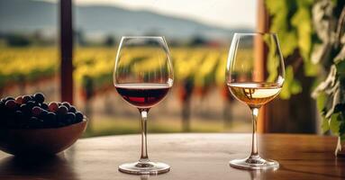 en el lagar, rojo y blanco vinos son siendo probado. allí son lleno vino lentes siguiente a un ventana con un hermosa viñedo en el fondo. generativo ai foto