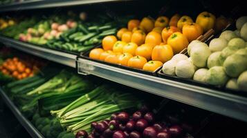 abundancia de Fresco frutas y vegetales en supermercado pantallas. generativo ai foto