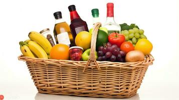 Shopping basket full of variety of grocery products, food and drink isolated on white background. Generative AI photo