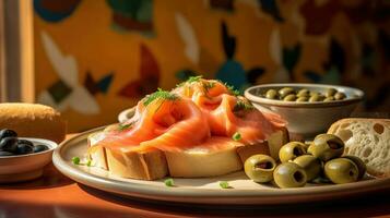 A plate of food with bread, olives, and smoked salmon on it. Generative AI photo