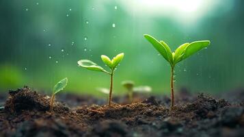 Young plants growing up on ground with raining drop, save wold and green environment concept, Generative AI photo