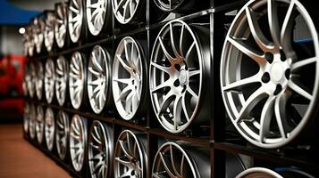 The Allure of Alloy Wheels Displayed in the Modern Tire Store. Generative AI photo