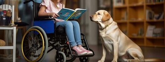 The Endearing Harmony of a Girl, Her Service Dog, and the World of Books. Generative AI photo