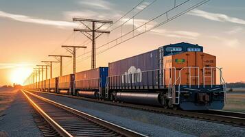 Freight Train Hauling Cargo Containers Across the Land, Generative AI photo