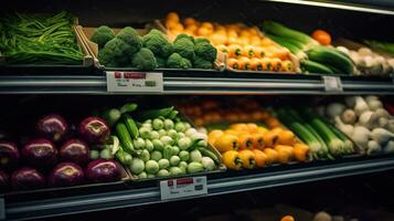 vibrante Fresco frutas y vegetales adornar supermercado estantes. generativo ai foto