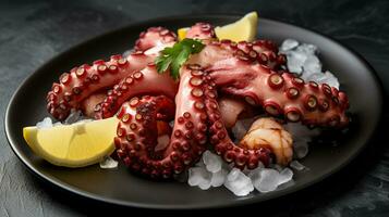 Artfully Prepared Cooked Octopus Displayed on a Frosty Plate. Generative AI photo