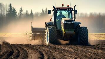 un granjero en un tractor prepara el suelo. agronomía agricultura y agricultura idea para un cultivado campo. generativo ai foto