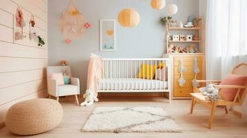 Interior of light modern children's room with crib. Generative AI photo