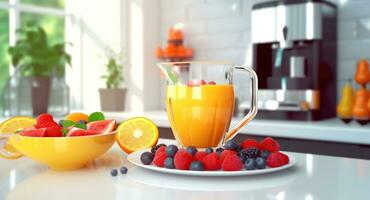 Mixer of fruit orange juice and berry with salads dish breakfast on the wooden table in the modern kitchen, Generative AI photo