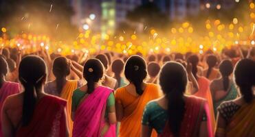 Celebrating the joyous occasion of Diwali, Crowds of Indians dance to traditional music. Generative AI photo