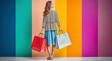 Young Woman with Shopping Bags Posing against a Colorful Background. Generative AI photo