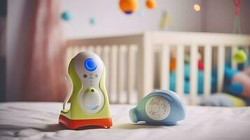 Baby monitor, rattle and sippy cup on table in room. Radio nanny, Generative AI photo