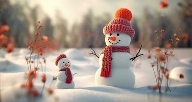 The Charming Snowman Clad in Knitted Caps and Scarves. Generative AI photo