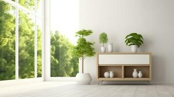 White room with shelf and green landscape in window. Generative AI photo