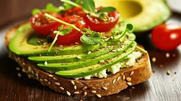 Healthy vegetarian snack. Clean eating concept. Vegan sandwich, rye bread toast, avocado, eggless mayonnaise sauce, sesame seeds, cherry tomato, arugula rucola leaves on wooden table. Generative AI photo