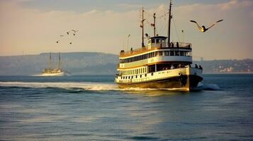 A Memorable Sea Voyage on an Old Ferry, Discovering the Bosphorus' Enduring Beauty. Generative AI photo