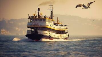 Sailing Through the Bosphorus on an Old Ferry, Capturing the Essence of a Bygone Era. Generative AI photo