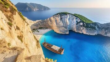 navagio playa - el prístino joya de zakynthos en el jónico islas generativo ai foto