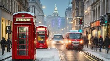 invierno escena en un compras alto calle con un rojo autobús, teléfono cabina y nevada, generativo ai foto