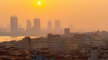 aire contaminación concepto - moderno Alto Rico edificios y pobre barrios marginales a puesta de sol. generativo ai foto