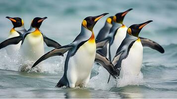 Rey pingüinos viaje mediante azur aguas en atlántico océano. generativo ai foto