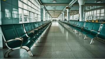 Rows of benches in the long distance bus station. Generative AI photo