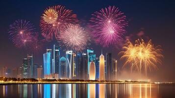 Fireworks for a celebration event, illuminated urban skyline of Doha. Generative AI photo