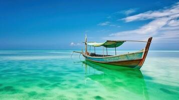 Silence in emerald water and sky around alone boat in Zanzibar. Generative AI photo