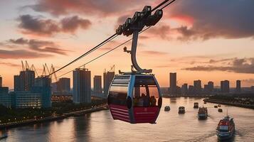 el cable carros sereno cruce de el támesis, enmarcado por el brillante ciudad horizonte, generativo ai foto