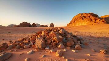 Orange rocks in sunset in desert under blue sky. Generative AI photo