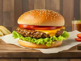 hamburger and tomato on a wooden background with Ai Generated photo