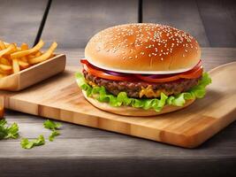 hamburger and tomato on a wooden background with Ai Generated photo