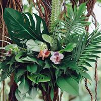 Dark green leaves monstera or split leaf philodendron light and shadow background. Generative AI photo