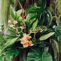 Dark green leaves monstera or split leaf philodendron light and shadow background. photo