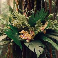 Dark green leaves monstera or split leaf philodendron light and shadow background. photo