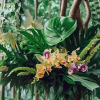 Dark green leaves monstera or split leaf philodendron light and shadow background. photo
