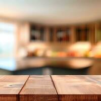 Empty wooden table top and blurred kitchen, dining room interior on the background. Copy space for your object, product, food presentation. Generative AI photo