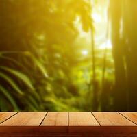 Wooden floor in the garden with green nature background. AI Generated photo