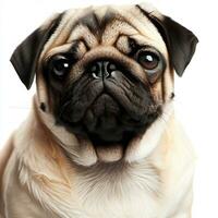 The pug dog sits and looks directly into the camera. Sad big eyes. Generative AI photo