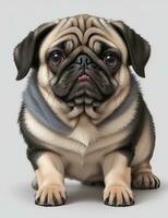 The pug dog sits and looks directly into the camera. Sad big eyes. Generative AI photo