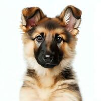 Closeup of German Shepherd puppy 3 months old in front of white background Generative AI photo