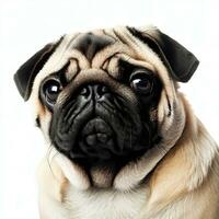 The pug dog sits and looks directly into the camera. Sad big eyes. Generative AI photo