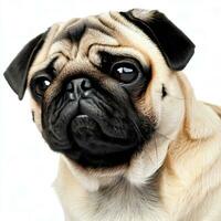 The pug dog sits and looks directly into the camera. Sad big eyes.Generative AI photo